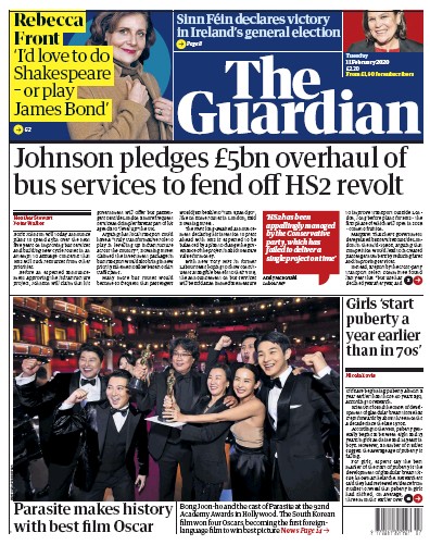 The Guardian Newspaper Front Page (UK) for 11 February 2020