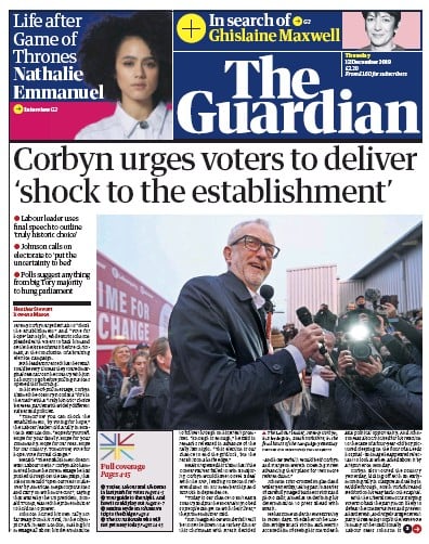 The Guardian Newspaper Front Page (UK) for 12 December 2019