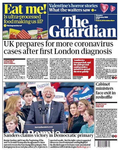 The Guardian Newspaper Front Page (UK) for 13 February 2020