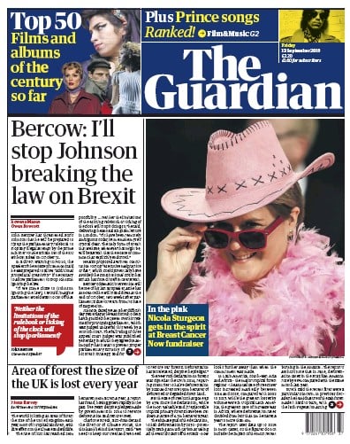 The Guardian Newspaper Front Page (UK) for 13 September 2019