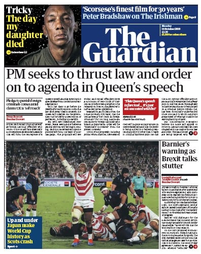 The Guardian Newspaper Front Page (UK) for 14 October 2019
