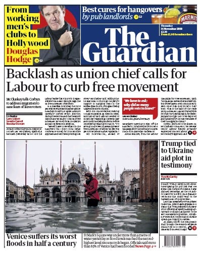 The Guardian Newspaper Front Page (UK) for 14 November 2019