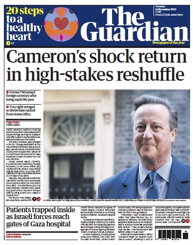 The Guardian Newspaper Front Page (UK) for 14 November 2023