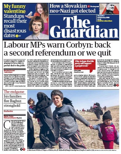 The Guardian Newspaper Front Page (UK) for 14 February 2019