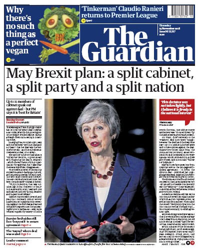 The Guardian Newspaper Front Page (UK) for 15 November 2018