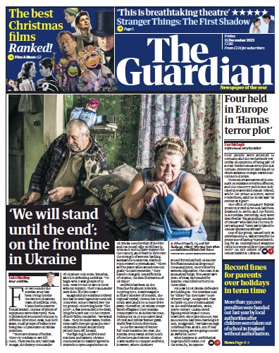 The Guardian Newspaper Front Page (UK) for 15 December 2023