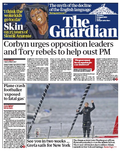 The Guardian Newspaper Front Page (UK) for 15 August 2019