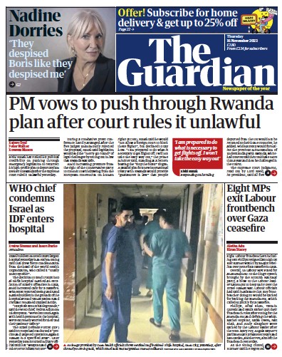The Guardian Newspaper Front Page (UK) for 16 November 2023