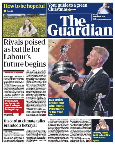 The Guardian Newspaper Front Page (UK) for 16 December 2019
