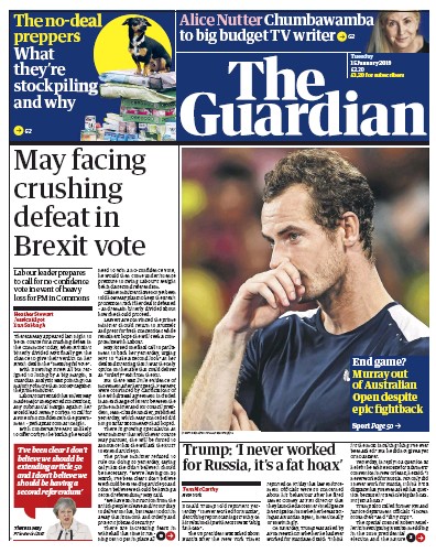The Guardian Newspaper Front Page (UK) for 16 January 2019