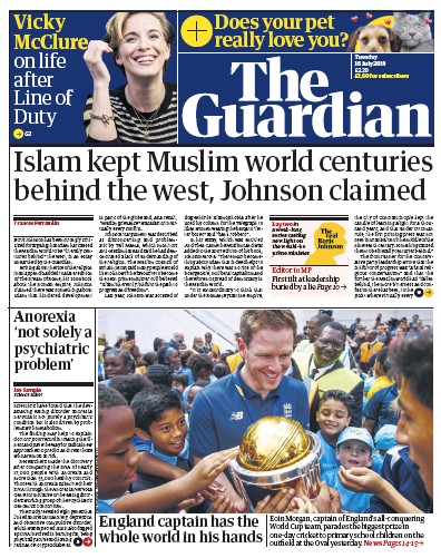 The Guardian Newspaper Front Page (UK) for 16 July 2019
