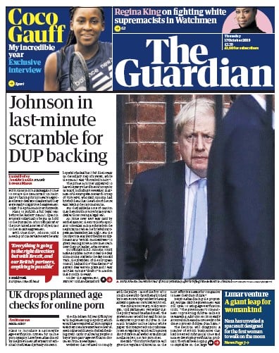 The Guardian Newspaper Front Page (UK) for 17 October 2019