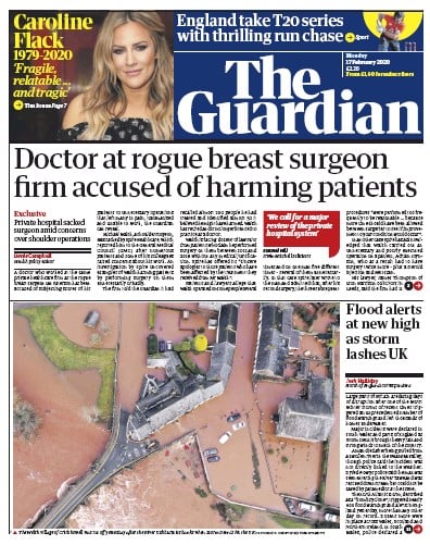 The Guardian Newspaper Front Page (UK) for 17 February 2020