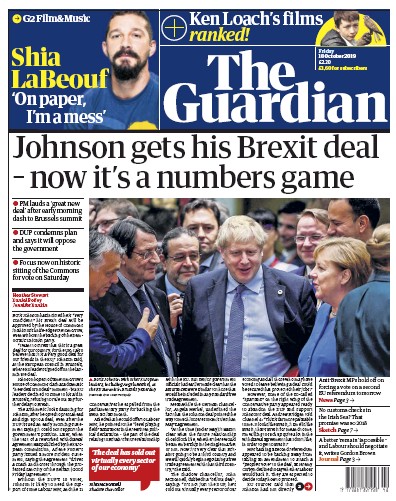 The Guardian Newspaper Front Page (UK) for 18 October 2019