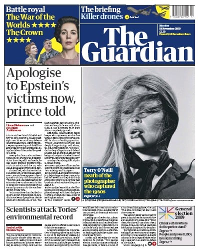 The Guardian Newspaper Front Page (UK) for 18 November 2019