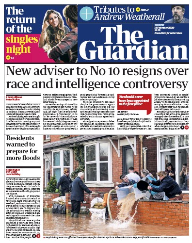 The Guardian Newspaper Front Page (UK) for 18 February 2020