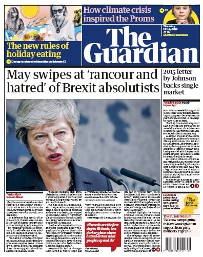 The Guardian Newspaper Front Page (UK) for 18 July 2019