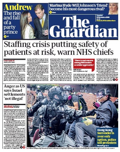 The Guardian Newspaper Front Page (UK) for 19 November 2019
