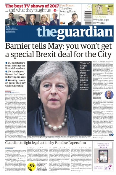 The Guardian Newspaper Front Page (UK) for 19 December 2017