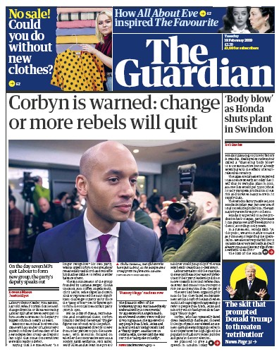 The Guardian Newspaper Front Page (UK) for 19 February 2019