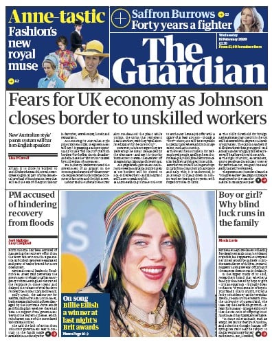 The Guardian Newspaper Front Page (UK) for 19 February 2020