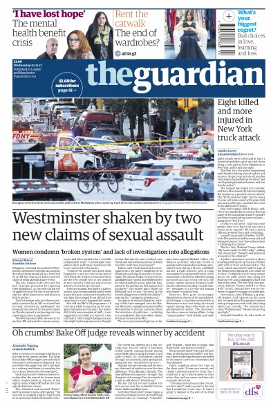 The Guardian Newspaper Front Page (UK) for 1 November 2017