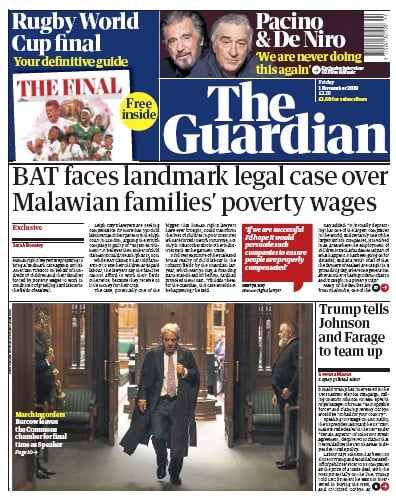 The Guardian Newspaper Front Page (UK) for 1 November 2019