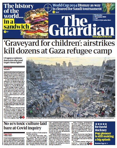 The Guardian Newspaper Front Page (UK) for 1 November 2023