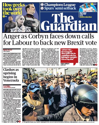 The Guardian Newspaper Front Page (UK) for 1 May 2019