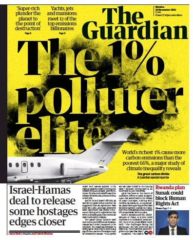 The Guardian Newspaper Front Page (UK) for 20 November 2023