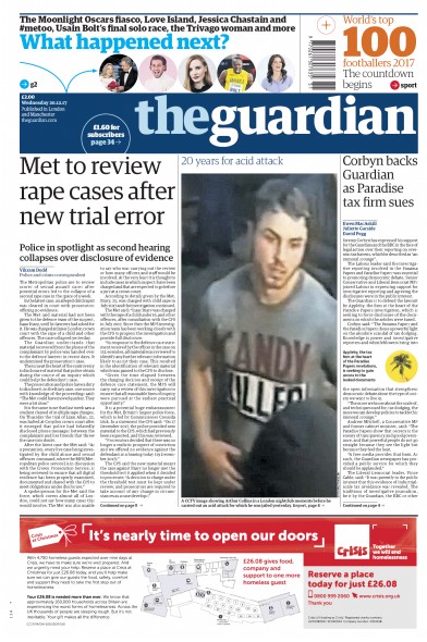The Guardian Newspaper Front Page (UK) for 20 December 2017
