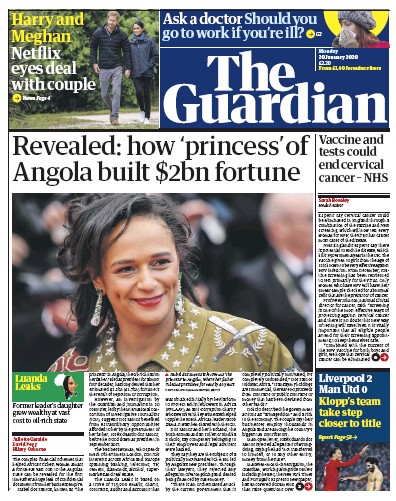 The Guardian Newspaper Front Page (UK) for 20 January 2020