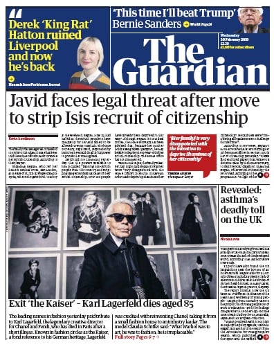 The Guardian Newspaper Front Page (UK) for 20 February 2019