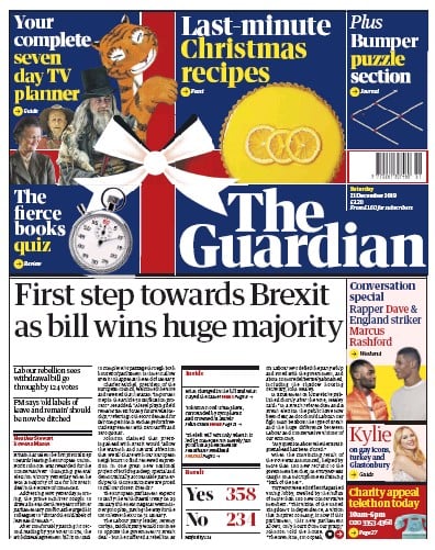 The Guardian Newspaper Front Page (UK) for 21 December 2019
