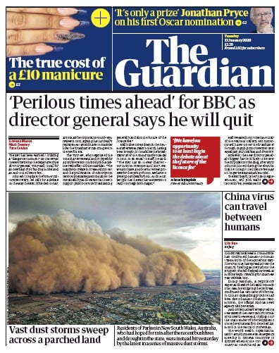 The Guardian Newspaper Front Page (UK) for 21 January 2020