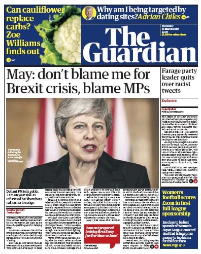 The Guardian Newspaper Front Page (UK) for 21 March 2019