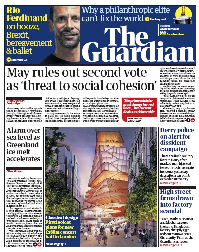 The Guardian Newspaper Front Page (UK) for 22 January 2019
