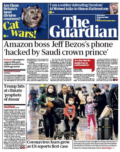 The Guardian Newspaper Front Page (UK) for 22 January 2020