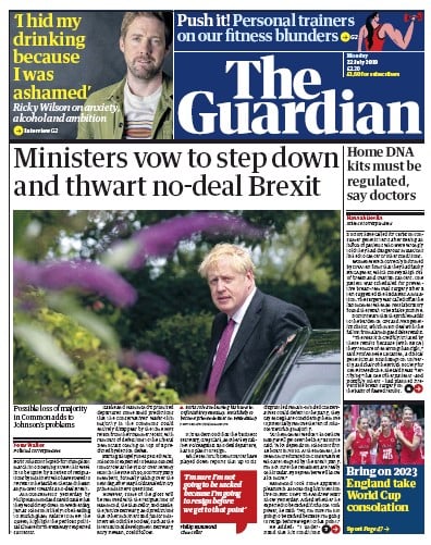 The Guardian Newspaper Front Page (UK) for 22 July 2019
