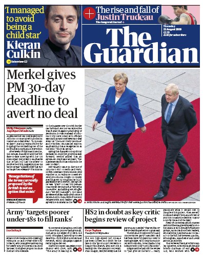 The Guardian Newspaper Front Page (UK) for 22 August 2019
