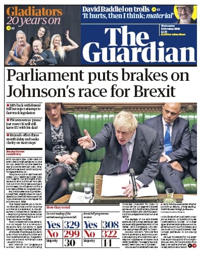 The Guardian Newspaper Front Page (UK) for 23 October 2019