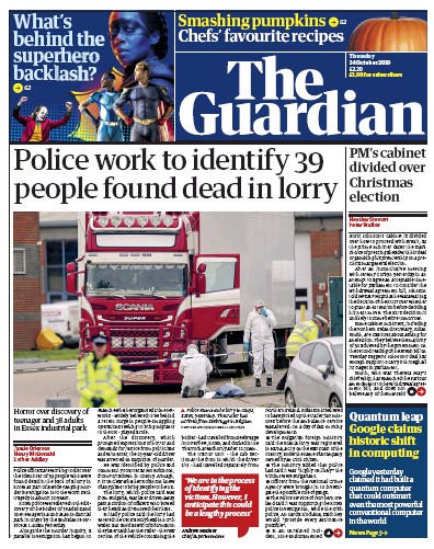 The Guardian Newspaper Front Page (UK) for 24 October 2019