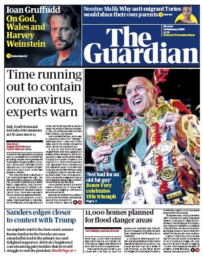 The Guardian Newspaper Front Page (UK) for 24 February 2020