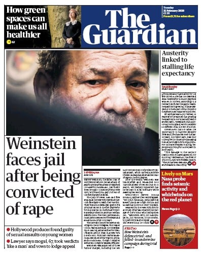 The Guardian Newspaper Front Page (UK) for 25 February 2020