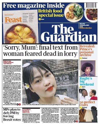 The Guardian Newspaper Front Page (UK) for 26 October 2019