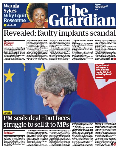 The Guardian Newspaper Front Page (UK) for 26 November 2018