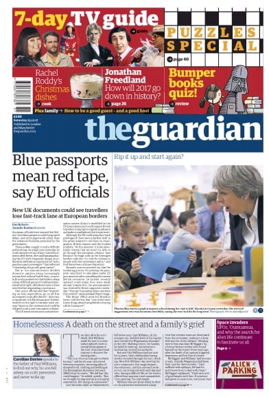 The Guardian Newspaper Front Page (UK) for 26 December 2017