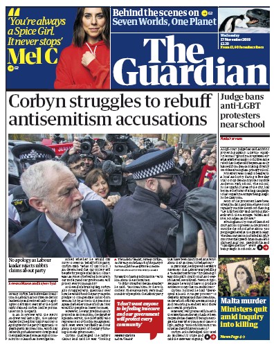 The Guardian Newspaper Front Page (UK) for 27 November 2019