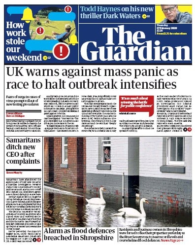 The Guardian Newspaper Front Page (UK) for 27 February 2020
