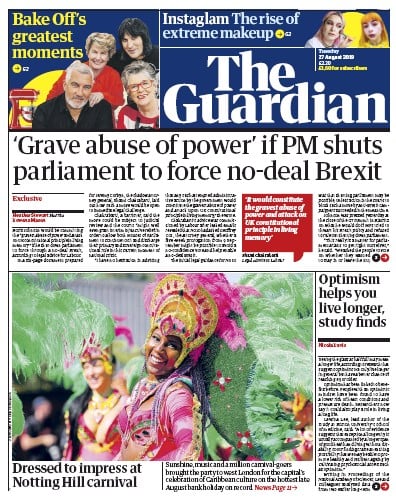 The Guardian Newspaper Front Page (UK) for 27 August 2019